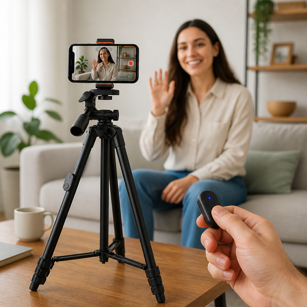 Bluetooth-selfiestatief in uitgeschoven positie voor selfies
