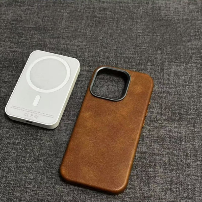 Detail van de leren afwerking van het iPhone-hoesje